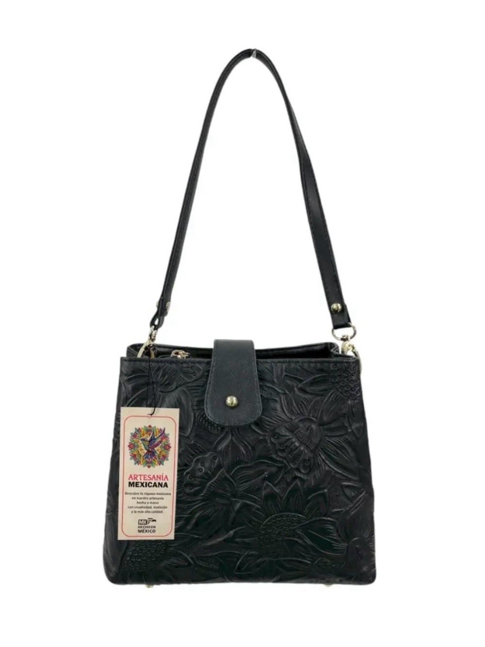 MEXICANA Leather Black Hand Tooled Floral Shoulder Bag Crossbody
